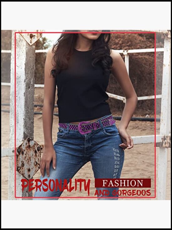 Rhinestone Studded PU Leather Belt with Buckle